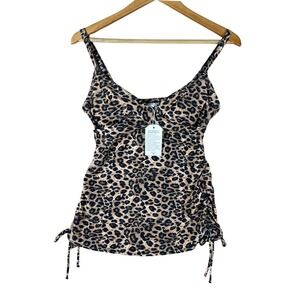Leopard Print Tankini Swim‎ Suit M Top NWT Ruched Drawstring Sleeveless RETRO